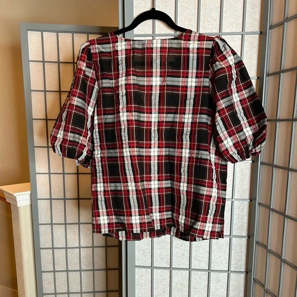 NWT LOFT Women's Plaid Puff Sleeve Top - Red and Black - Picture 5 of 5